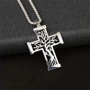 Stainless Steel Tree Of Life Hollow Cross Pendant Necklace Vintage Religious Jewelry For Men Women Unisex Accessory Gift