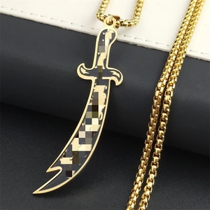Golden sword pendant necklace with black detailing and round box chain for men