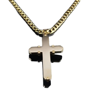 3D layered gold and black stainless steel cross pendant necklace with a bold Cuban link chain