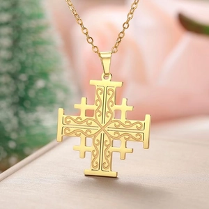 Vintage Stainless Steel Jerusalem Cross Necklace For Women Scroll Pattern Engraved Religious Pendant Jewelry Baptism Gift