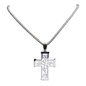 Silver stainless steel cross necklace featuring a hollow Tree of Life design on box chain