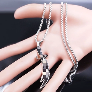 Men's vintage sword necklace with checkerboard pattern scimitar pendant in stainless steel