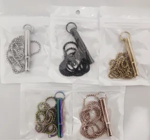 Detail view of mindfulness whistle necklaces in five colors weighing 21g with box chains