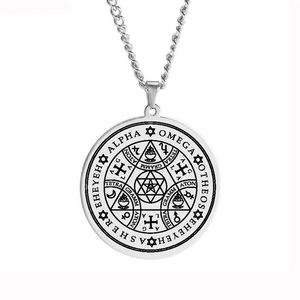 Zilveren Enochian magische hexagram amulet ketting met Alpha en Omega gravuresymbolen