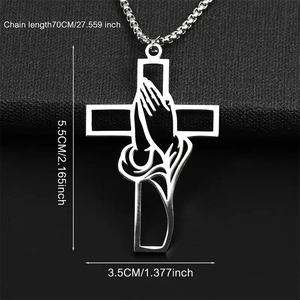 Men's stainless steel cross necklace with praying hands pendant and 70cm chain