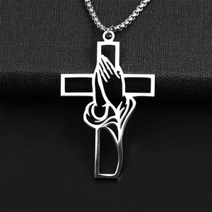 Men Stainless Steel Praying Hands Cross Pendant Necklace Religious Faith Jewelry Silver Hollow Out Box Chain Gift