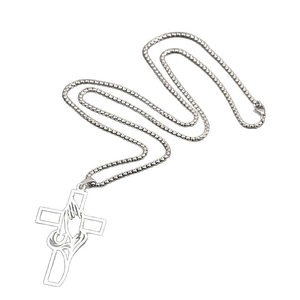 Men's stainless steel necklace with praying hands and hollowed-out cross pendant