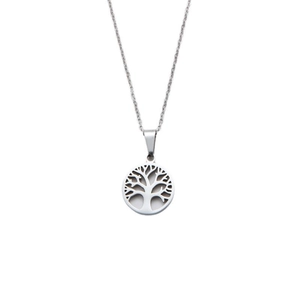 Elegante Edelstahl-Halskette mit Lebensbaum-Rundanhänger in glänzendem Silber-Finish