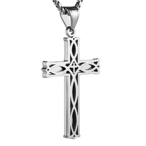 Detail of silver stainless steel Celtic knot cross pendant with black hollow patterns