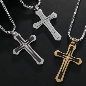 Colliers avec pendentif croix double couche en acier inoxydable avec incrustation de zircon