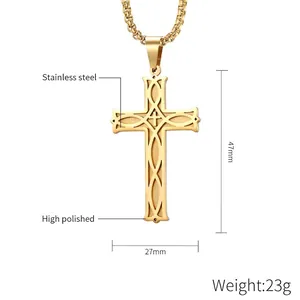 Polished golden stainless steel Celtic cross pendant necklace with intricate woven details