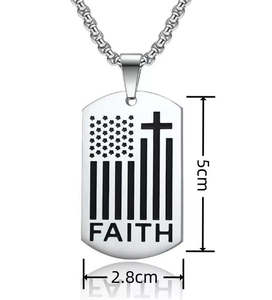 Detailed macro view of American flag cross dog tag pendant with Faith engraving