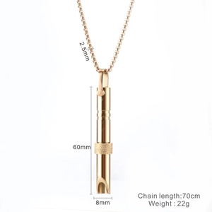 Detail showing dimensions of the gold meditation whistle pendant and 70cm chain