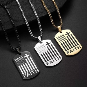 Stainless Steel American Flag Cross Pendant Necklace Faith Bible Verse Dog Tag For Men Military Style Religious Jewelry Gift