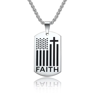 Men's stainless steel US flag cross dog tag necklace with Faith engraving