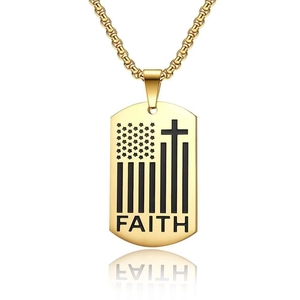 Golden stainless steel American flag cross dog tag necklace with Faith engraving