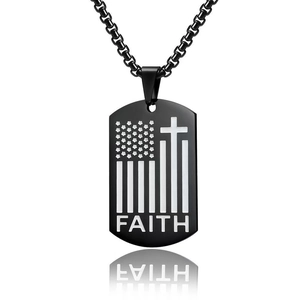 Black stainless steel dog tag necklace with US flag cross and FAITH engraving