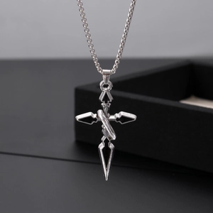 Gothic silver cross pendant necklace for men with black enamel and cable chain