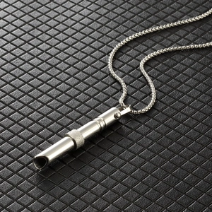 Mindfulness breathing whistle pendant necklace in polished silver stainless steel for stress relief