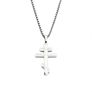 Men's silver Orthodox Byzantine cross pendant necklace in polished stainless steel