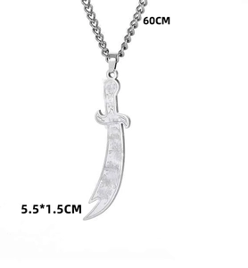 Detailed view of Zulfikar sword pendant showing 5.5x1.5cm dimensions and 60cm chain length