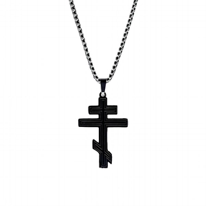 Orthodox cross pendant necklace in matte black stainless steel on a silver box chain