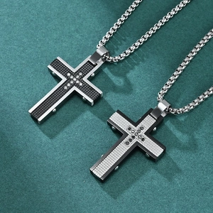 Vintage Stainless Steel Cross Pendant Necklace For Men Women Gothic Punk Rhinestone Inlaid Grid Pattern Jewelry Gift