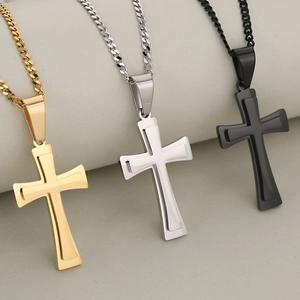 Double-layered stainless steel cross pendant necklace in gold, silver, and black finishes
