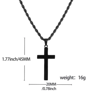 Polished black stainless steel cross pendant necklace with dimensions 45mm by 20mm
