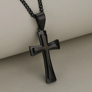 Double-layered black stainless steel cross pendant necklace for men with matte finish