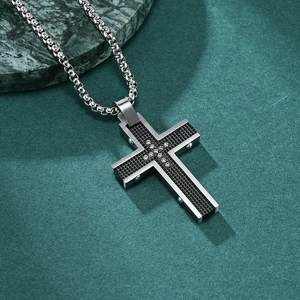 Vintage stainless steel cross necklace with carbon fiber pattern and inlaid zircons