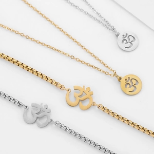 Parure de bijoux Om en acier inoxydable avec colliers et bracelets en or et argent
