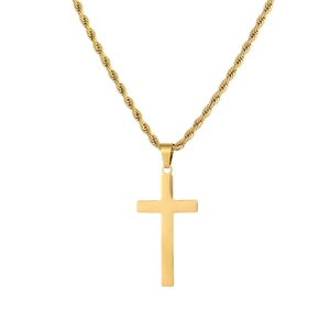 Polished golden stainless steel cross pendant with a classic rope chain for men