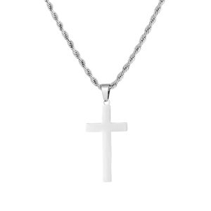 Polished silver stainless steel cross pendant with heavy twisted rope chain for men
