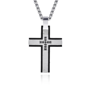 Mens vintage stainless steel cross pendant necklace with checkered pattern and black diamonds