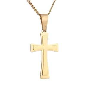 Golden double-layer stainless steel cross pendant necklace with fine link chain on white background
