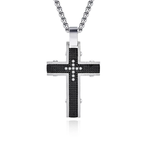 Men's stainless steel cross pendant necklace with black check pattern and tiny diamonds