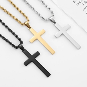 Minimalist stainless steel cross pendant necklaces in black, gold, and silver finishes