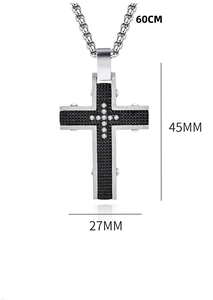 Detailed size map of cross pendant showing 45mm height, 27mm width, and 60cm chain
