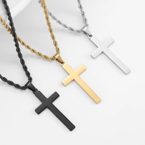 Stainless steel cross pendant necklace set with twist rope chain in black, gold and silver