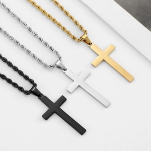 Minimalist stainless steel cross pendant necklaces for men in gold, silver, and black colors