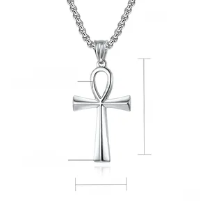 Polished stainless steel Ankh cross pendant details with 45mm height and 24mm width