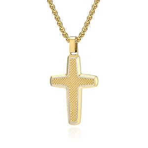Double-layered gold cross pendant necklace with mesh texture and thick round box chain
