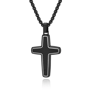 Cross pendant necklace for men in blackened stainless steel with honeycomb texture