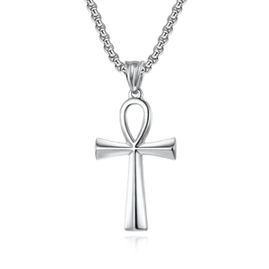 Polished silver stainless steel Ankh cross pendant with box chain on white background