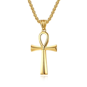 Golden Ankh cross necklace in polished stainless steel for men with square link chain