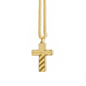 Gold stainless steel American flag cross necklace engraved with Best Bro Ever text