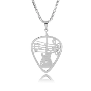 Collier avec pendentif guitare et note de musique en acier inoxydable poli dans un cadre