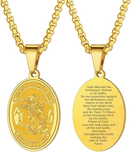 Macro view of Archangel Saint Michael pendant with detailed religious prayer engraving