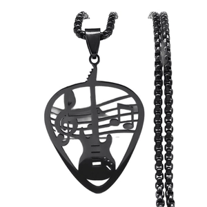 Collier avec pendentif médiator de guitare évidé en acier inoxydable noir mat et notes